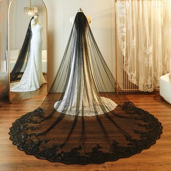 Brautschleier 3 Meter schwarze Pailletten lange Kathedrale Hochzeit Bling Brautschleier Velos de Novia mit Kamm