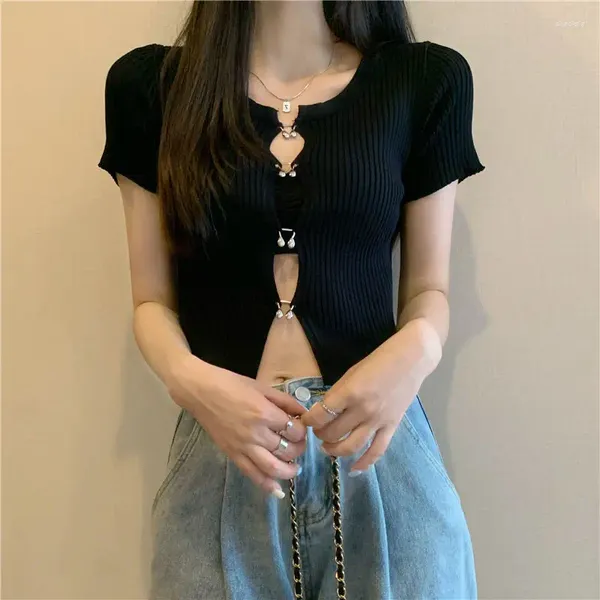 Camiseta feminina sexy anel dividido de manga comprida fino decote em v pit strip costura curto topo camisola camiseta casual streetwear estética
