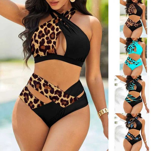 Swim wear Womens Halter Swimwear Duas Peças Leopardo Listrado Impresso Borboleta Tankini Top Shorts Swimm S-5XL Esportes Aquáticos 240311