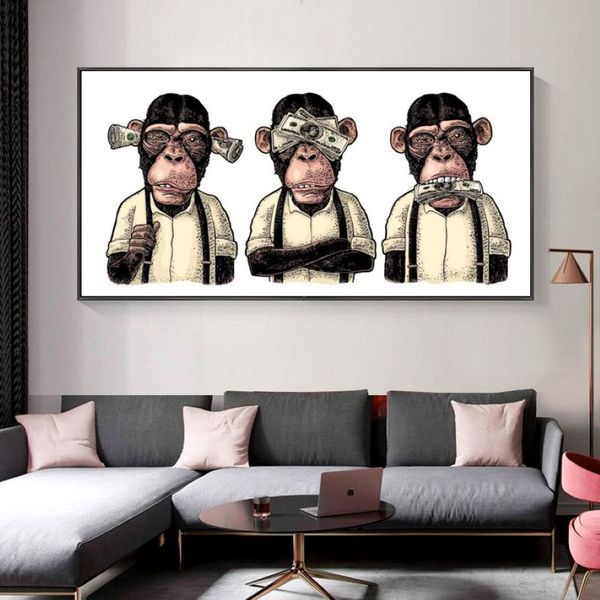 Pintura em tela três macacos gorila com dinheiro cartazes e impressões imagens de animais quadros abstratos arte de parede para sala de estar mode233t