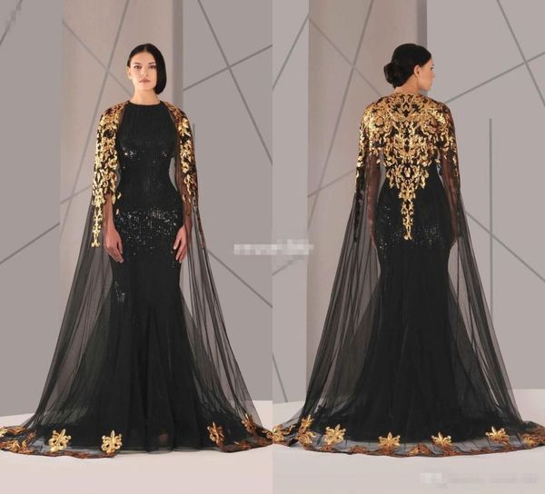 2019 Abiti da sera musulmani arabi in pizzo nero e oro con mantello girocollo Plus Size Abito da cerimonia formale a sirena Abito lungo da spettacolo4802045