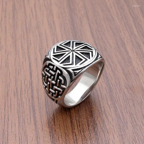 Cluster-Ringe, Punk, Edelstahl, silberfarben, Kolovrat, slawisches Symbol des Sonnenrings, atemberaubendes Ornament, einzigartiger heidnischer Schmuck