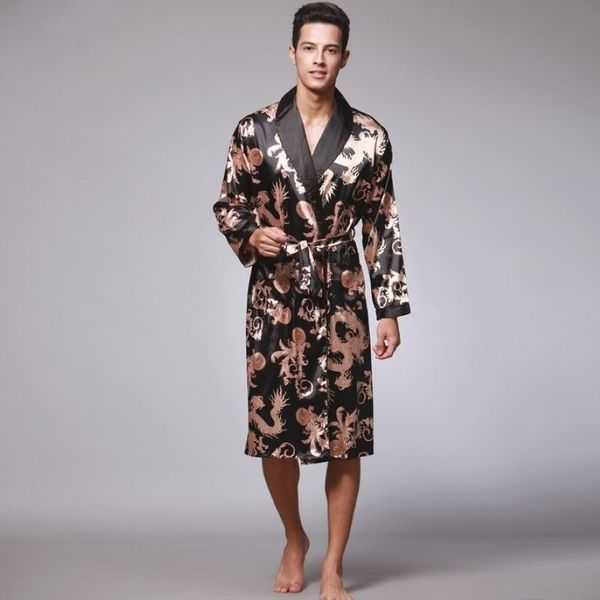Мужской шелковый летний и осенний атласный кимоно халат Золотой дракон длиной до колен с длинным рукавом черный банный халат халат пижамы Y202852