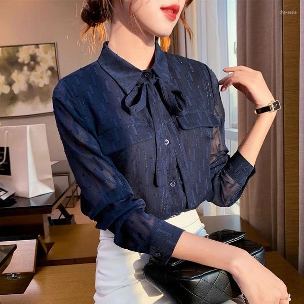 Frauen Blusen Nette Bogen Shirts Kleidung Langarm Chiffon Bluse Frühling Herbst 2024 Frau Top Blau Büro Dame Hemd d1758