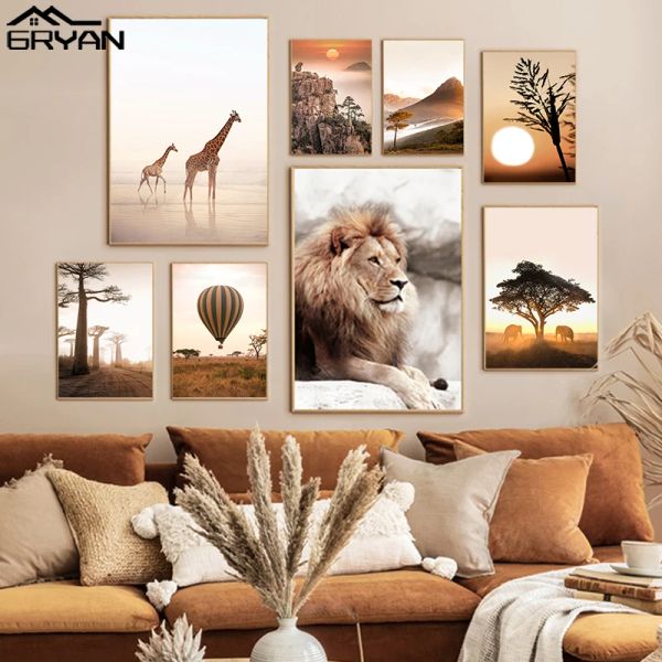 Kalligraphie Löwe Giraffe Elefant Tier Poster Sonnenaufgang Weizen Baum Klippe Heißluftballon Leinwanddruck Malerei Natur Landschaft Wandbild