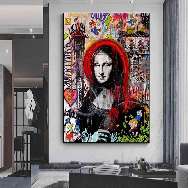 Engraçado Mona Lisa Pôsteres e Impressões Modernas Graffiti Art Pinturas em Tela Imagens de Arte de Parede para Sala de estar Decoração de Casa Cuadros No F238V