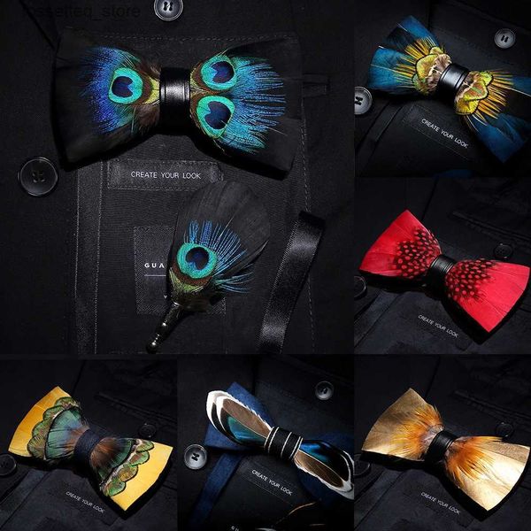 Gravatas KAMBERFT Marca Homens Bow-tie Broche Conjunto de Penas Estilo Couro Gravata Ajustável Gravata Formal Bowtie Festa de Casamento Melhor Presente L240313