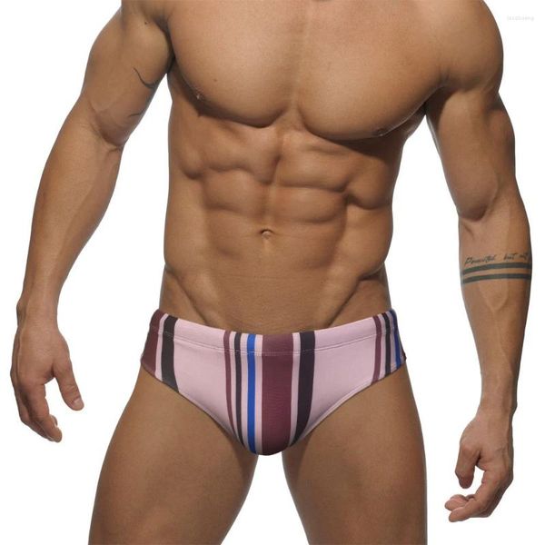 Roupa de banho masculina push pad sexy masculino listrado maiô poliéster secagem rápida cuecas de natação verão masculino cintura baixa esporte praia troncos