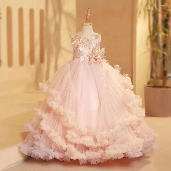 Abiti da ragazza Jill Wish Luxury Blush Flower Dress Piume Arabo Principessa Bambini Matrimonio Compleanno Festa Abito da ballo Santa Comunione 2024 J246