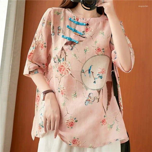 Roupas étnicas Retro Tradicional Chinês Elegante Camisa Feminina Estilo Pulôver Senhoras Verão Requintado Gola Oriental Top