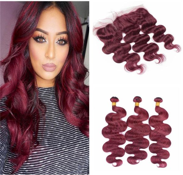 9a cabelo brasileiro borgonha com fechamento frontal de renda 13x4 polegadas onda do corpo 99j vinho vermelho pacotes de cabelo humano com orelha a orelha completa fron8083100