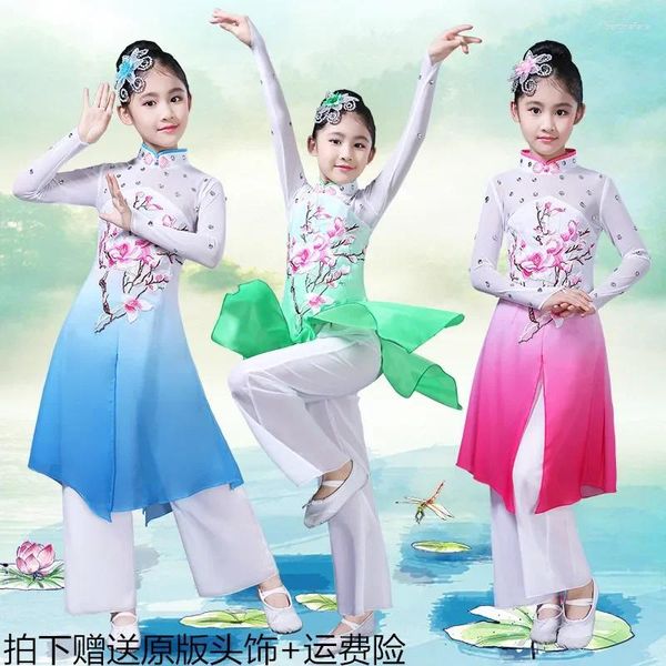 Palco desgaste estilo chinês hanfu crianças clássicas trajes de dança folclórica meninas guarda-chuva fã desempenho roupas