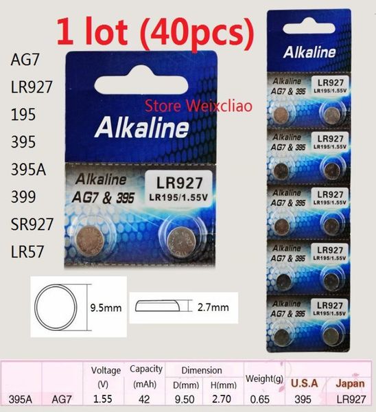 40pcs 1 lote AG7 LR927 195 395 395A 399 SR927 LR57 155V bateria alcalina de célula de botão tipo moeda 8153840
