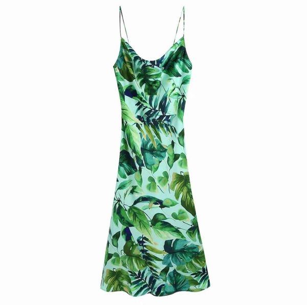 Mulheres Tropical Rainforest Impresso Verão Spaghetti Strap Dress Vintgae Elegante Backless Side Slit Camis Vestido Para Férias 2105212991890