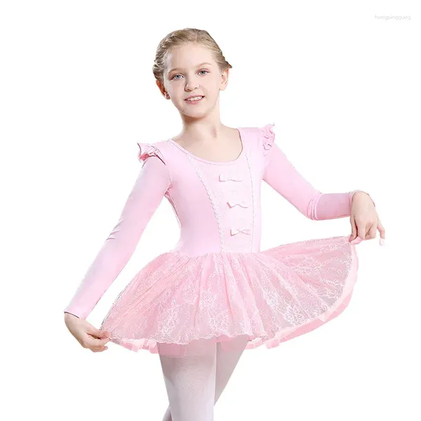 Abbigliamento da palco Abito da balletto con fiocco in pizzo a maniche lunghe Rosa/bianco Ragazze Ballerina Ballerina Abbigliamento per bambini Costumi per bambini