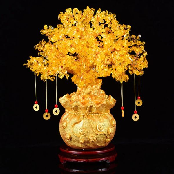 Sculture 19cm 24cm Delicato cristallo giallo Albero dei soldi Ornamento Home Office Negozio Feng Shui Decorazione artistica da tavolo Albero della ricchezza fortunato