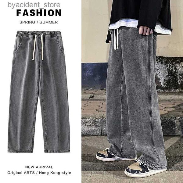 Erkekler Kot 2023 Yeni Kore moda gevşek kot pantolon klasik düz bol geniş bacak pantolonları sokak hip hop pantolon 3xl siyah gri mavi L240313