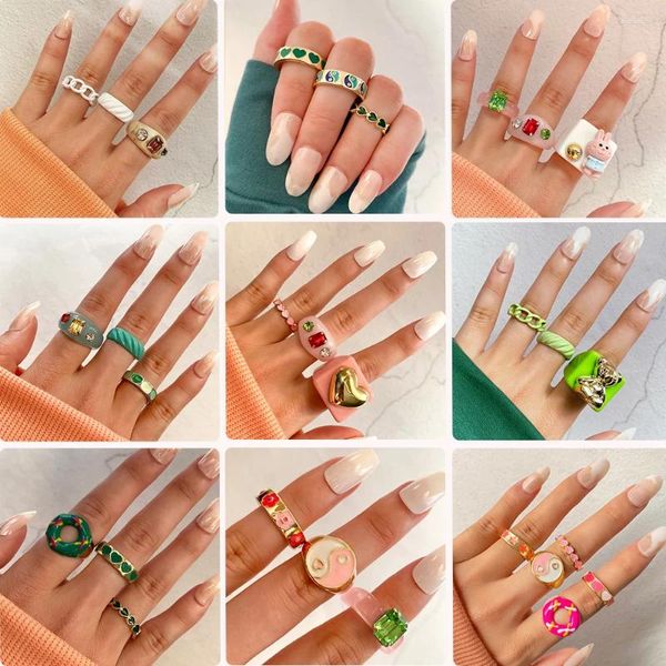 Cluster Anelli IPARAM Vintage Heart Ring Set per le donne geometrica resina acrilica catena congiunta 2024 tendenza moda Y2K commercio all'ingrosso di gioielli