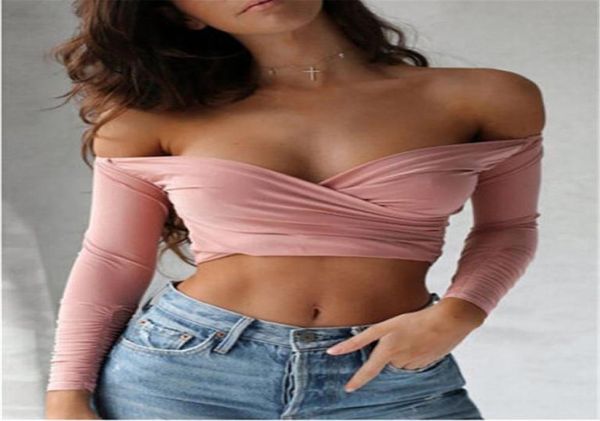 Kadınlar Seksi Derin V Boyun Üstleri Çapraz Uzun Kollu Lady Girl Crop Omuz Kapalı Tişört Tişört Yaz Kadın Giysileri112973