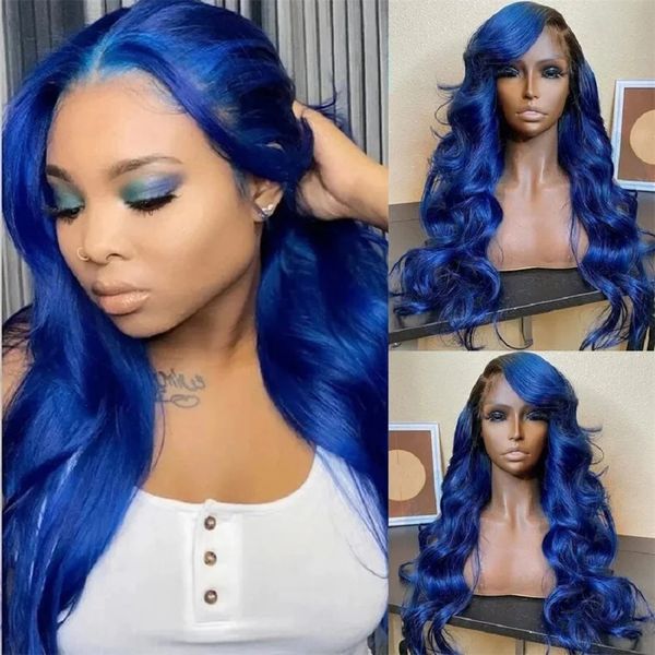 13x4 lacivert vücut dalgası dantel ön insan saç perukları ön kopuk Brezilya mavi hd dantel frontal peruk kadınlar için insan saç peruk