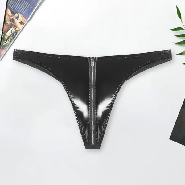 Cuecas masculinas sexy zíper virilha espelho superfície cor sólida látex gay roupa interior g-string tangas para magro