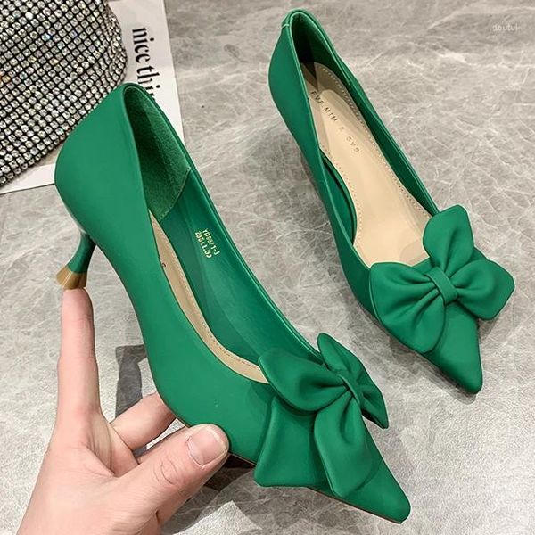 Scarpe eleganti Décolleté neri per donna Tacco alto Moda femminile Bowknot Punta a punta sexy Tacchi a spillo verdi da sposa