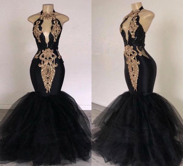 Sexy Black Halter Tulle Sereia Long Prom Vestidos Keyhole Lace Applique Ouro Sparkly Backless Comprimento Total Africano Ocasião Evening9485712