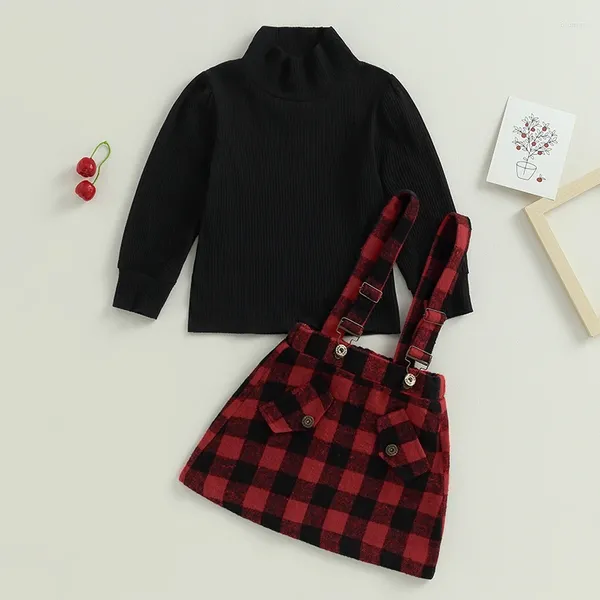 Kleidungssets 1-6 Jahre Kleinkind Mädchen Frühling Herbst Kleidung Set Schwarze Langarmshirts und karierte Hosenträgerrock Outfits für Kinder