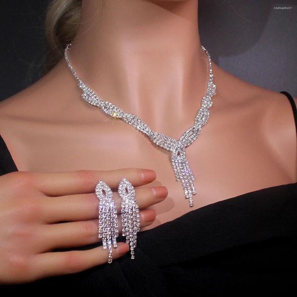 Kopfschmuck Luxus Kristall Wassertropfen Braut Strass Halskette Ohrringe Hochzeit Bankett Bling Schmuck Sets für Damen