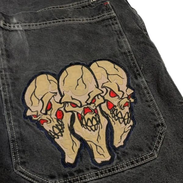 Jeans folgados masculinos da JNCO - jeans retro de hip hop pretos com bordado de crânio, estilo gótico de harajuku, calças de perna larga para homens e mulheres