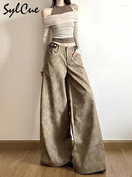 Pantaloni da donna Sylcue Khaki Vintage All-match Casual Trendy Cool High Street Youth Vitality Pantaloni a gamba larga a gamba dritta