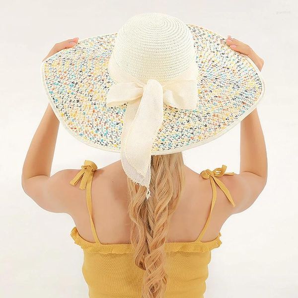 Breite Krempe Hüte Frauen Outdoor Strohhut Band Schleife Faltbar Bunt Gepunktet Sonnenschutz Strand Sommer Stilvoll Elegant