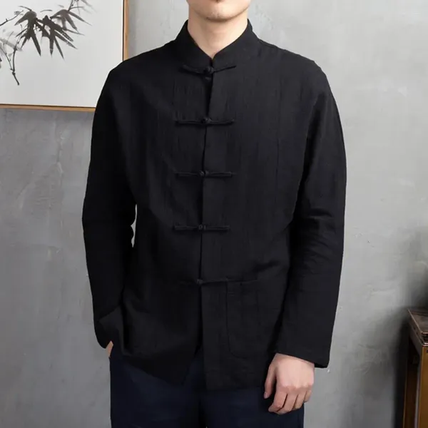 Herren-Freizeithemden, leichtes, atmungsaktives Herrenhemd im traditionellen chinesischen Stil mit Stehkragen, langen Ärmeln, Taschen für Tai