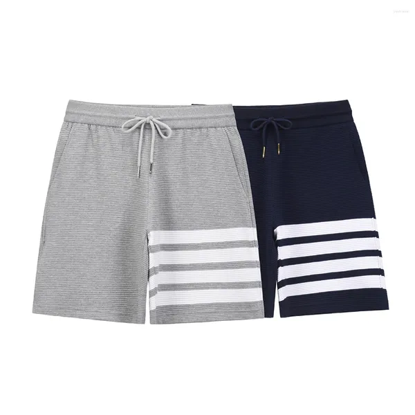 Shorts Masculinos Tendência de Verão Cordão Algodão Esportes Casal Water Ripple Mid Calças Casual Quatro Barras Maré Listrada