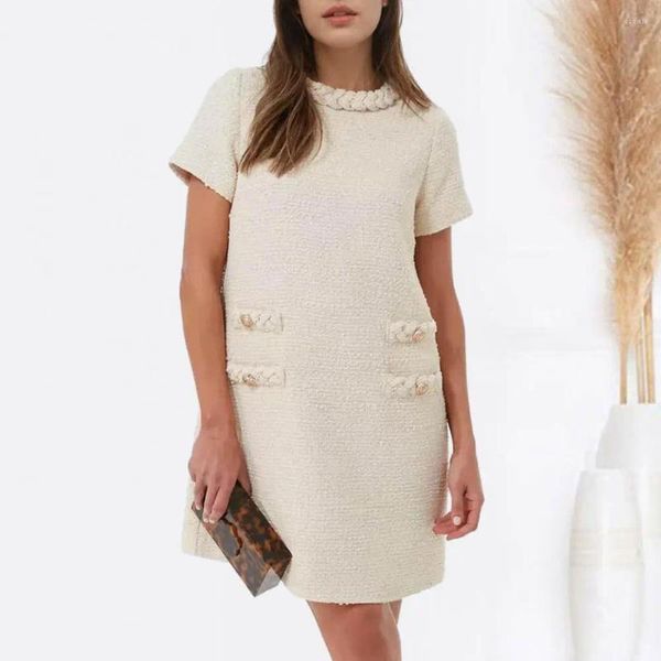 Lässige Kleider Sommer Ol Kleid Vintage A-Linie Mini mit Knopf Dekor Rückseite Reißverschluss für Frauen kurze Ärmel einfarbig Rundhalsausschnitt