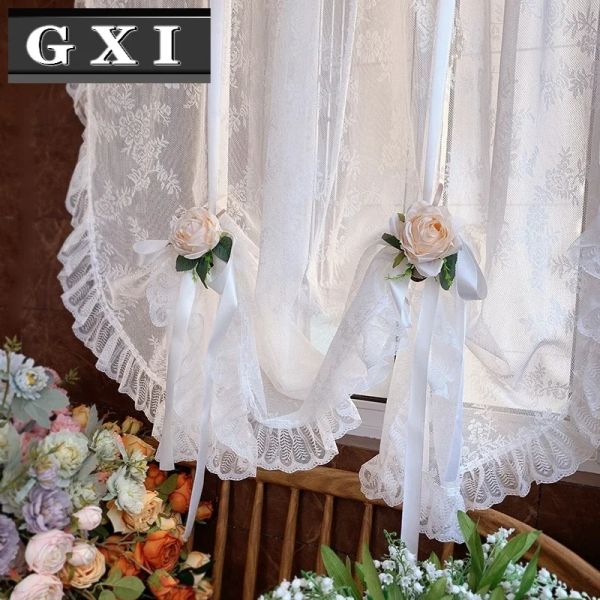 Cortinas bordadas florais rendas balão tule cortina valança americana retrô meia cortina para cozinha porta de vidro janela cortinas romanas
