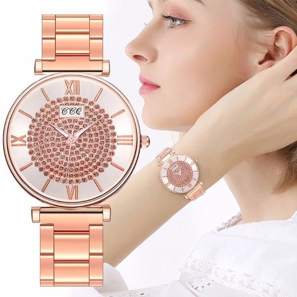 Verkauf von Damen-Edelstahl-Volldiamant-Uhr-Luxus-Damen-Quarzuhr CCQ-Uhr Drop229E