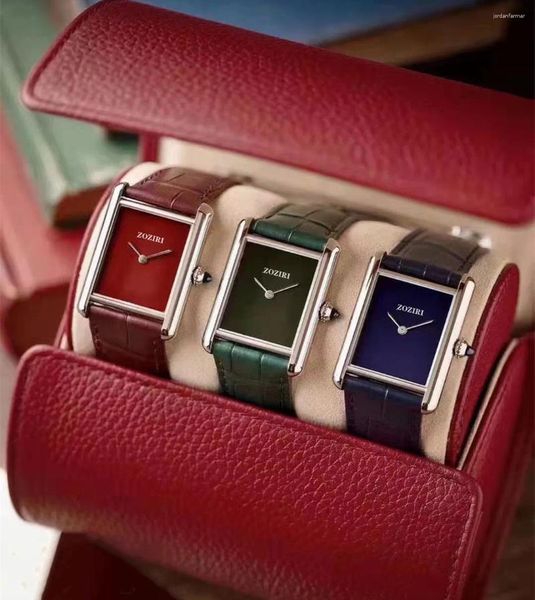 Наручные часы из натуральной кожи, синий, зеленый, красный циферблат, наручные часы для женщин, Cz Must, кварцевые часы, прямоугольные часы из нержавеющей стали, качество