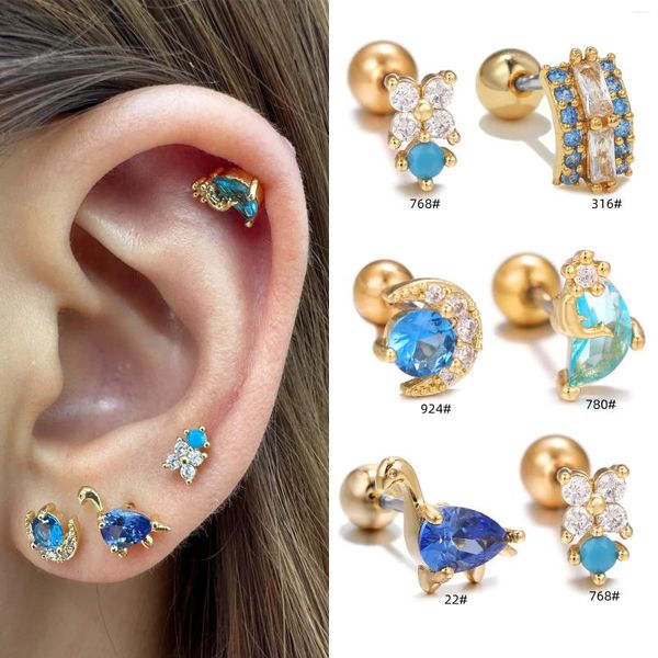 Brincos de parafuso prisioneiro 1 pc ins bonito azul zircão geométrico brinco vintage piercing orelha osso parafuso para mulheres meninas moda jóias presente