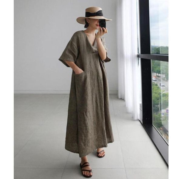 Kadınlar Keten Vneck Gevşek Elbiseler Kore Vintage Düz Renk Cep Tasarım Maxi Robe Kimono VKDR21479645334