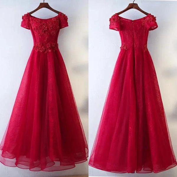 Вечерние платья Вечернее платье Винно-красное с открытыми плечами с короткими рукавами и аппликациями из бисера Трапеция длиной до пола Плюс размер Индивидуальная настройка Вечернее платье