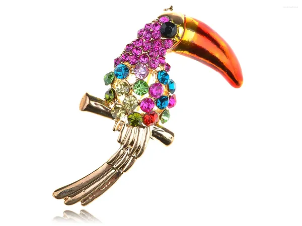 Broches Tom Dourado Fúcsia Cristal Colorido Strass Ropical Bird Pin Broche