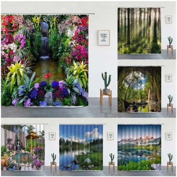 Cortinas de jardim flores cortinas de chuveiro natureza floral floresta cachoeira paisagem cortina de banheiro tecido à prova d' água decoração de casa com ganchos