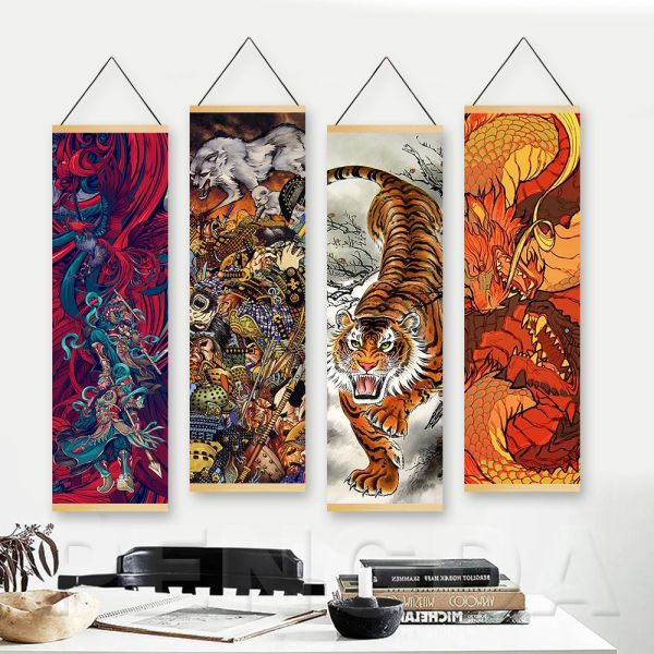 Kaligrafi Nordic Style Masif Ahşap Asma Resim Scrolls Suluboya Soyut Tiger China Style Duvar Sanat Tuval Basılı Poster Ev Dekor