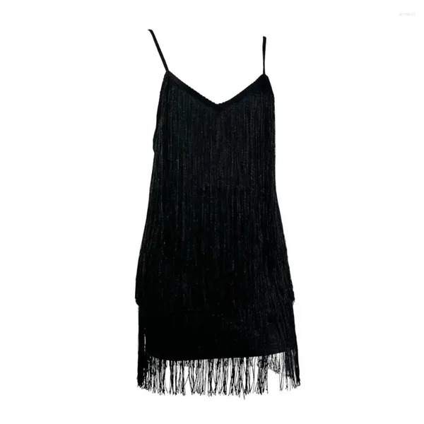 Vestidos casuais tassel vestido de dança latina com decote em v curto elegante com franja brilhante espaguete para mulheres clube