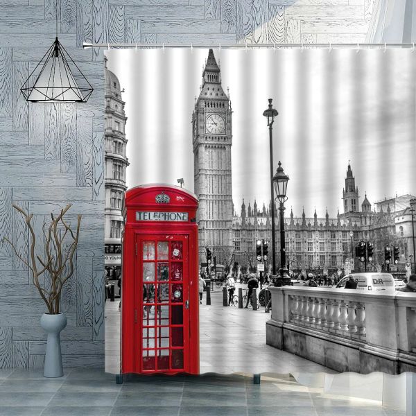 Tende Londra Big Ben Cabina telefonica rossa Retro Tenda da doccia per bagno Tessuto in poliestere impermeabile Decorazione per la casa Tende da bagno artistiche