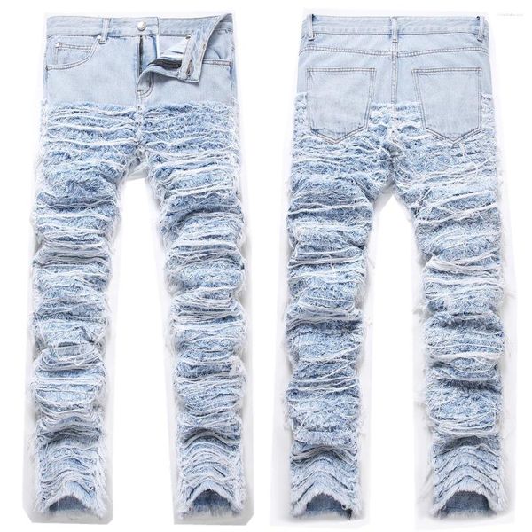 Jeans da uomo Pantaloni da uomo stile europeo Skinny Slim Biker Denim Blu Stretch Hole Design per il marito Taglia grande 40 42