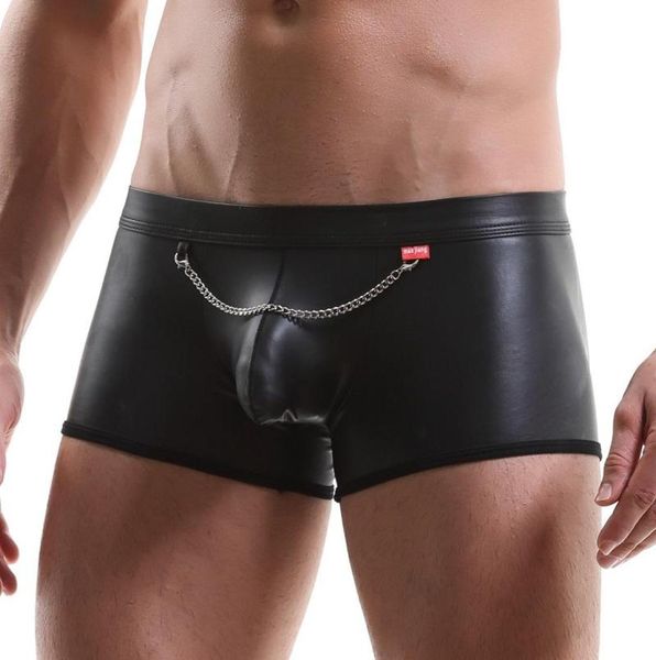 Unterhosen Sexy Mode Mann Schwarz Kunstleder Kette Boxer Shorts Ausbuchtung Penis Beutel Unterwäsche Homosexuell Männlich Lustige Slip Höschen7002728