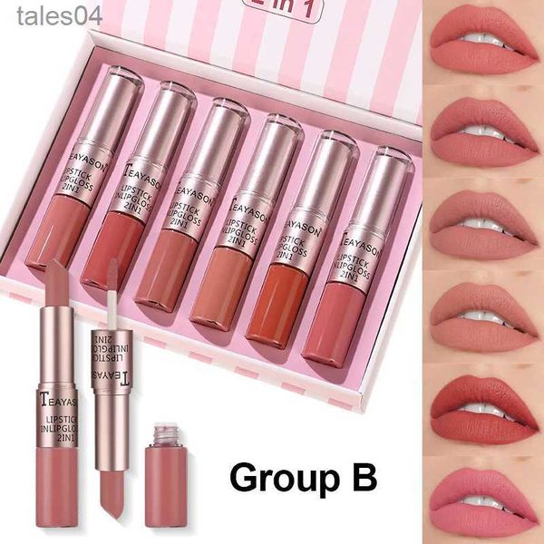 Batom Double-Ended Non-Stick Cup Matte Lip Glosses Feijão Pasta Batom Longa Duração À Prova D 'Água Lip Glaze Set Nu Maquiagem Beleza 240313