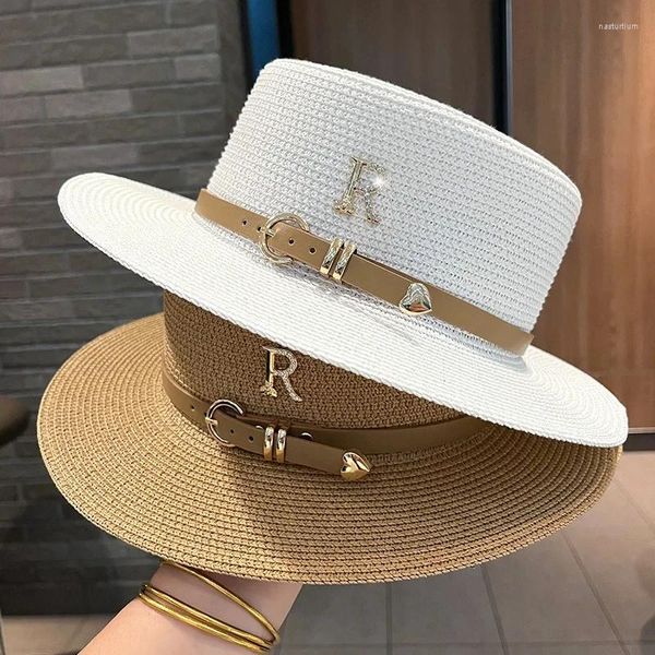Ampla borda chapéus verão chapéu de sol plana palha para mulheres metal r carta moda praia fêmeas viagens feriados boater